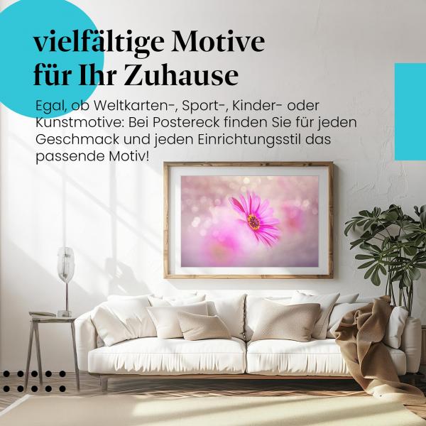 Dieses Leinwandbild mit der pinken Blume ist ein Hingucker und versprüht Frühlingslaune.