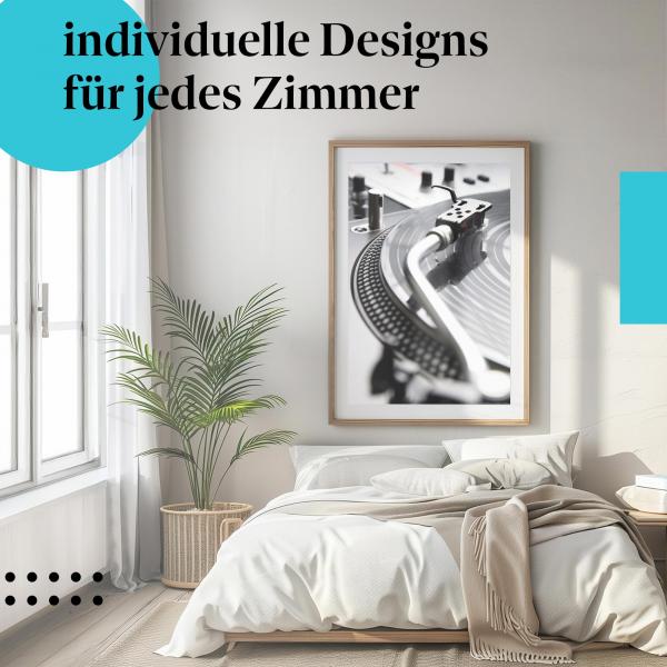 Schlafzimmer Deko: Modernes Schlafzimmer mit "Plattenspieler" Poster. Wanddeko für Musikliebhaber.