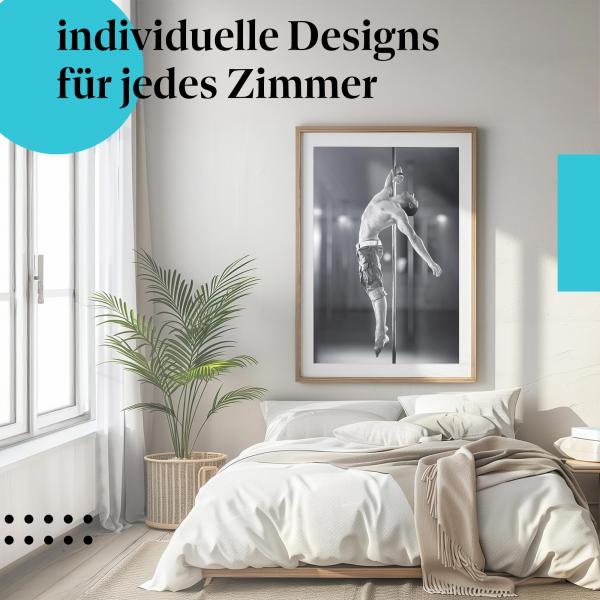 Schlafzimmer Deko: Minimalistisches Schlafzimmer mit "Pole Dance" Poster. Wanddeko für Sportbegeisterte.