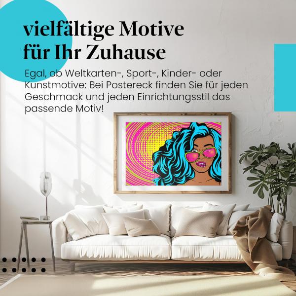 Pop-Art Power: Dieses Leinwandbild mit der farbenfrohen Frau im Comic-Stil bringt fröhliche Vibes in Ihre vier Wände.