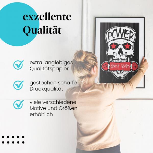 "Power Skateboard": Gerahmtes Wandbild - Skull & Skateboard.