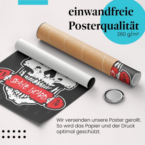"Power Skateboard": Gerolltes Poster, Skull, Design.