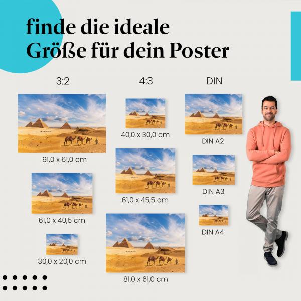 Entdecke die passende Postergröße: Pyramiden von Gizeh, Kamele, Wüste.