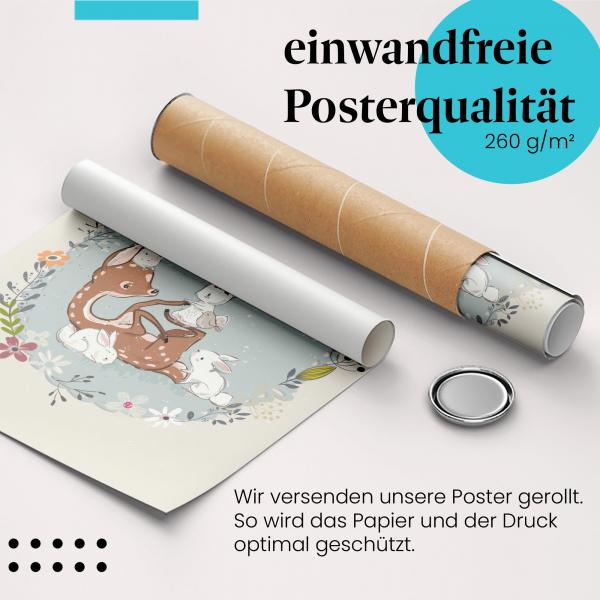 Gerolltes Poster "Reh & Hasen". Tierliebe & Natur, sicher verpackt.