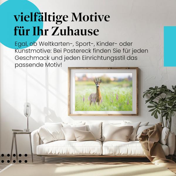 Gerahmtes Bild "Reh im Feld". Rehbock, Wiese, Blüten, Sonnenlicht.