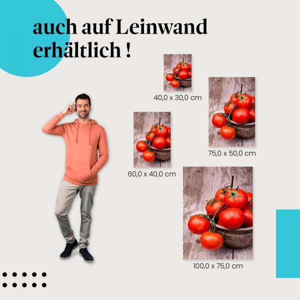 Tomaten: Leinwandbild. Rot, frisch, Tontopf, Holztisch.