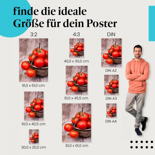 Tomaten, Poster: Rot, Rispe, Tontopf, Holztisch.