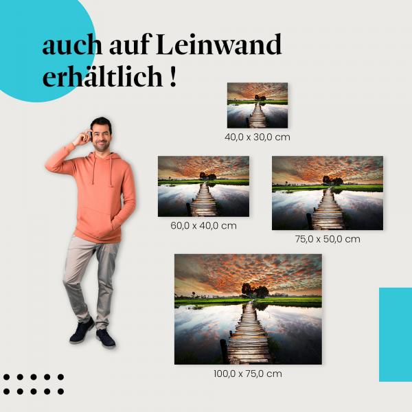 "Reisfeld mit Holzsteg bei Sonnenaufgang" Leinwandbild. Finde die ideale Größe für dein Zuhause & setze Akzente mit Kunst!