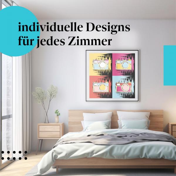 Farbenfrohe Deko: Kunstdruck "Kameras" im Pop-Art-Stil.