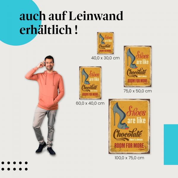 "Vintage-Schild - Schuhe und Schokolade" Leinwandbild. Finde die ideale Größe für dein Zuhause & setze Akzente mit Kunst!