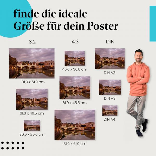 Entdecke die passende Postergröße: Brücke in Rom, Petersdom, Dämmerung.
