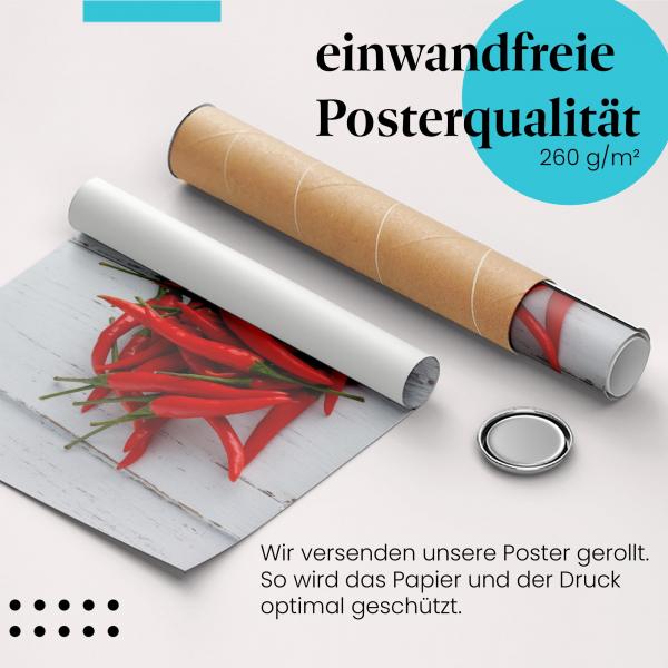 Gerolltes Poster "Rote Chilischoten", Holztisch.