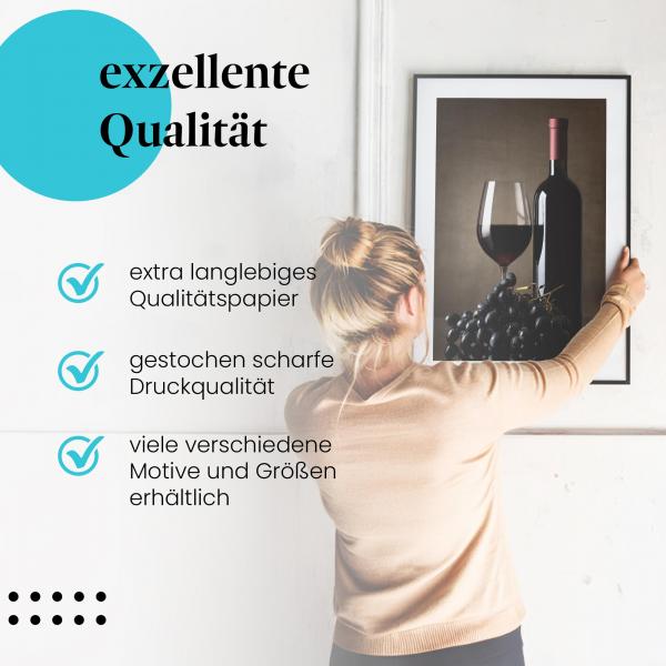 Gerahmtes Wandbild "Rotwein, Weintrauben, Glas", langlebiges Papier, verschiedene Größen erhältlich.