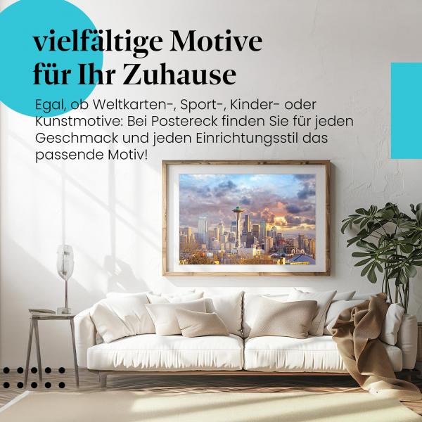 Dieses Leinwandbild mit der Skyline von Seattle ist ein Hingucker und versprüht Fernweh.