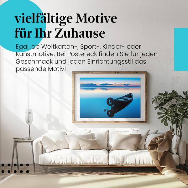 Leinwandbild "Boot am See": Sonnenaufgang, spiegelglattes Wasser - Ruhe & Frieden für Ihr Zuhause.