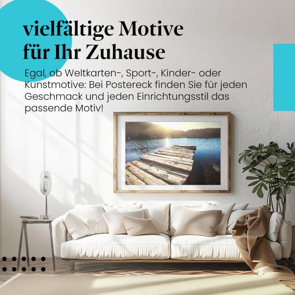 Dieses Leinwandbild mit einem Steg am See im Sonnenuntergang strahlt Ruhe und Harmonie aus und lädt zum Träumen ein.