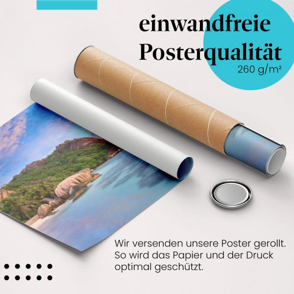 Gerolltes Poster "Sonnenaufgang", Strand, Seychellen, magisch.