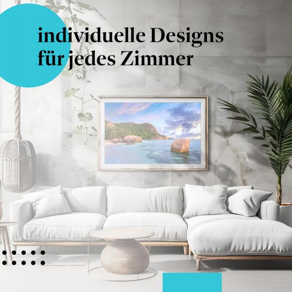 Seychellen Poster: "Magischer Sonnenaufgang" - Strand, Felsen & Palmen