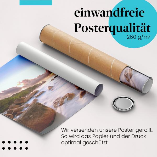 "Seychellen": Gerolltes Poster - Strand, Sonnenuntergang.