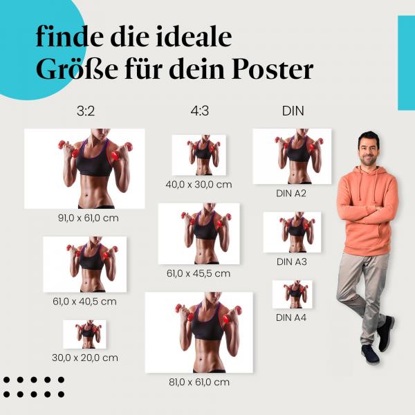 Entdecke die passende Postergröße: Sportliche Frau mit Sixpack, Hanteln, Fitness.