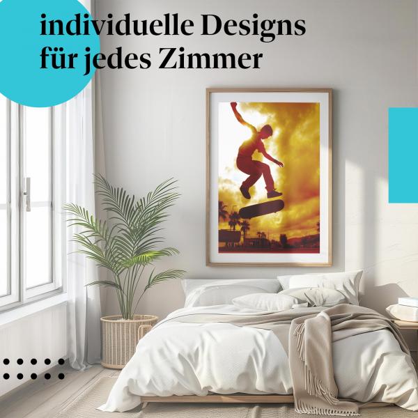 Schlafzimmer Deko: Minimalistisches Zimmer mit "Freiheit Skateboarden" Poster. Wanddeko für Jugendzimmer.