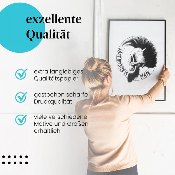 Gerahmtes Wandbild "Last Hipster is Death" mit ironischem Totenkopf-Motiv. Modernes Design, ideal für Trendsetter.