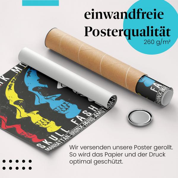 Gerolltes Poster "Modern Art Skull". Totenkopf in knalligen Farben, sicher verpackt.