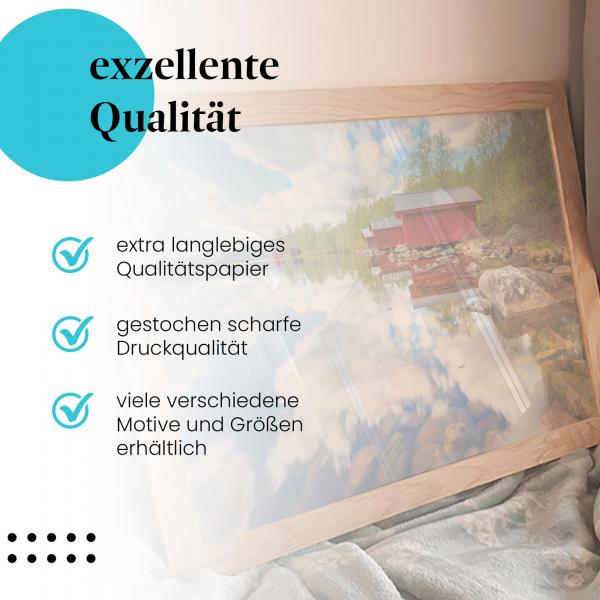 Gerahmtes Wandbild "Holzhütten, See, Schweden", langlebiges Papier, verschiedene Größen erhältlich.