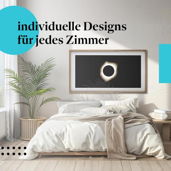 Schlafzimmer Deko: Modernes Schlafzimmer mit "Sonnenfinsternis" Poster. Beeindruckende Wanddeko für Astronomie-Fans.