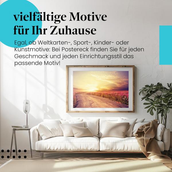 Leinwandbild "Straße & Blumen": Rosa Blütenmeer, Sonnenuntergang - ein romantischer Anblick.