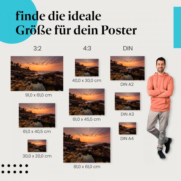 Wähle die ideale Postergröße: Dramatischer Sonnenuntergang an felsiger Küste mit Palmen.