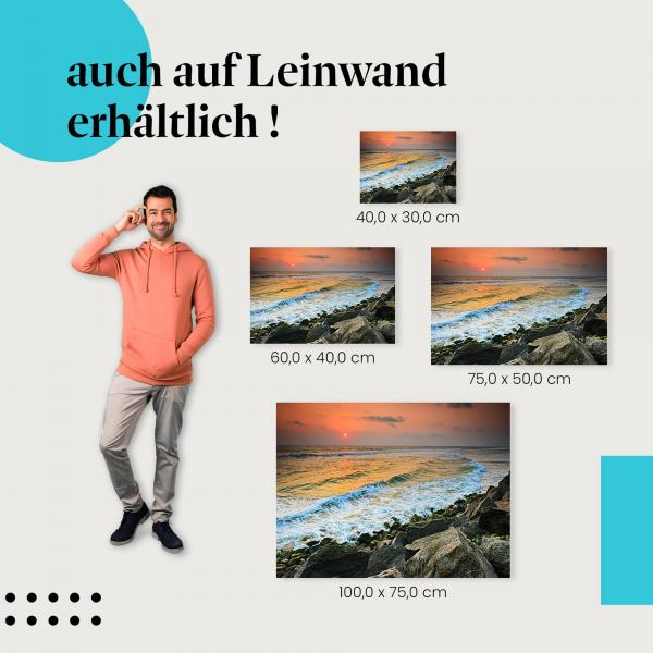 Sonnenuntergang: Leinwandbild. Meer, Wellen, Felsen, warme Farben.