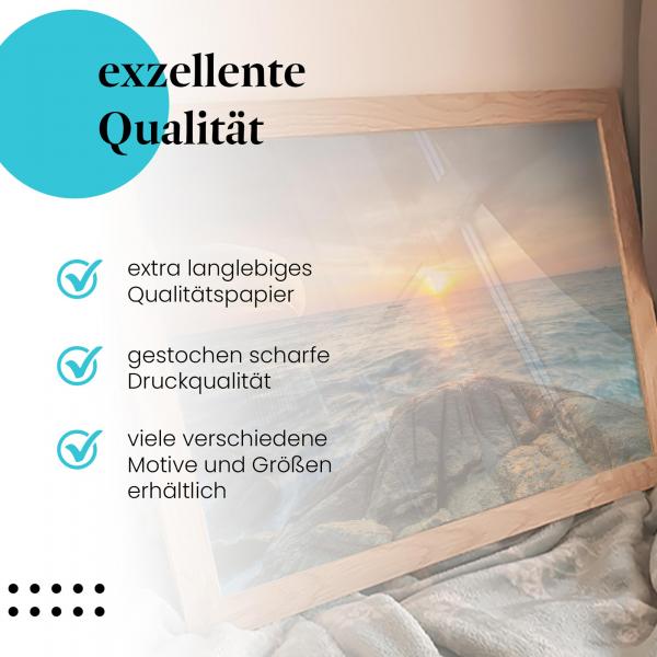 Gerahmtes Wandbild "Sonnenuntergang, Meer, Felsen", langlebiges Papier, verschiedene Größen erhältlich.