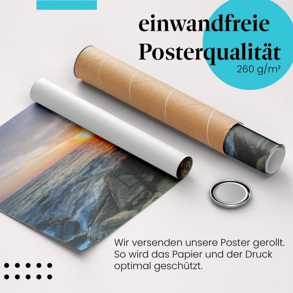 "Sonnenuntergang": Gerolltes Poster, Meer, Felsen, Gold.