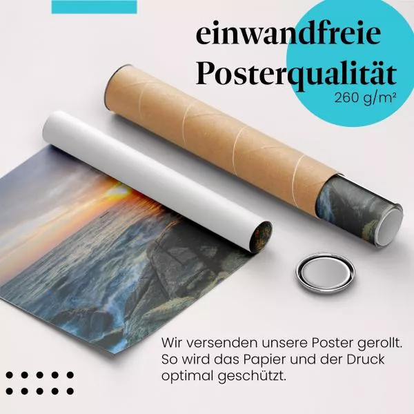 Goldener Sonnenuntergang am Strand: Felsen & Meer | Postereck 0645