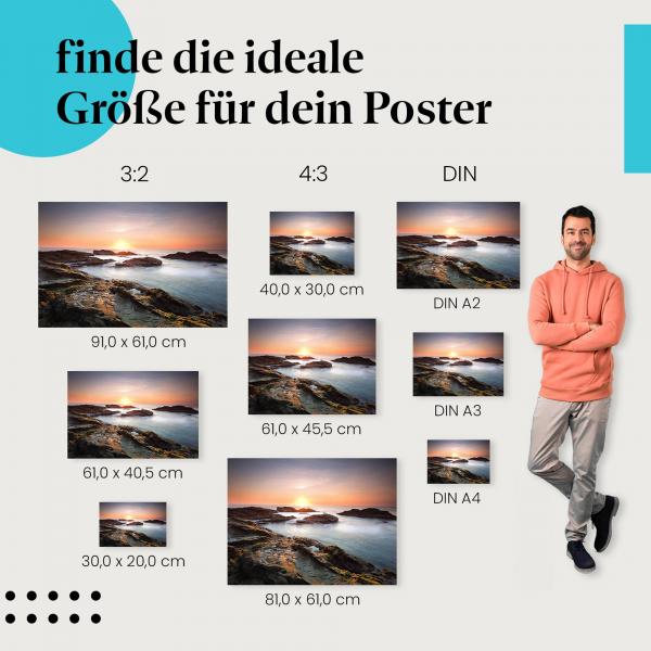 Küste, Poster: Felsen, Sonnenuntergang, Wellen, friedlich.