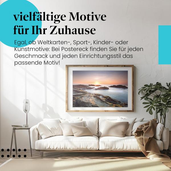 Leinwandbild "Küstenlandschaft": Sonnenuntergang, Felsen - warme Farben & Entspannung.