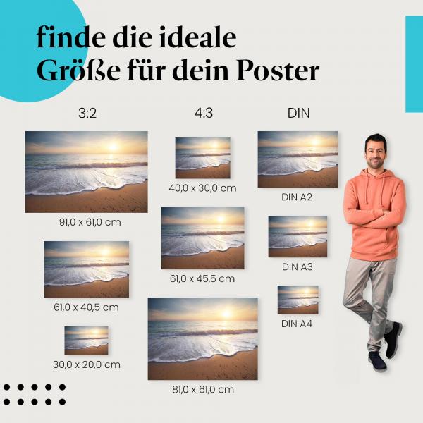 Strand, Poster: Wellen, Sonnenuntergang, warme Farben.