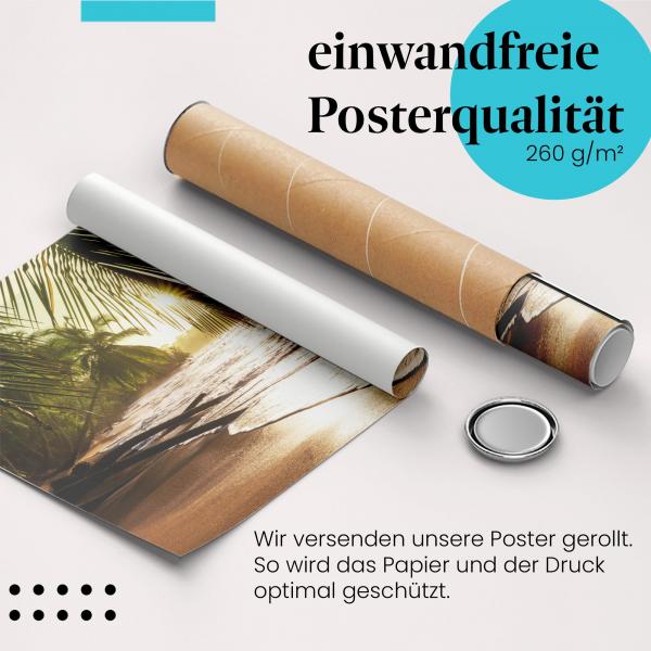 "Sonnenuntergang": Gerolltes Poster, Palmenstrand, Gold.