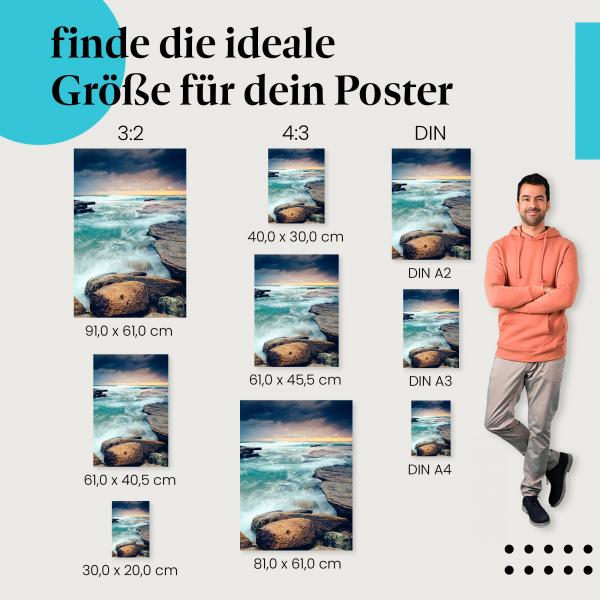 Küste, Poster: Felsen, Wellen, dramatisch, Morgengrauen.