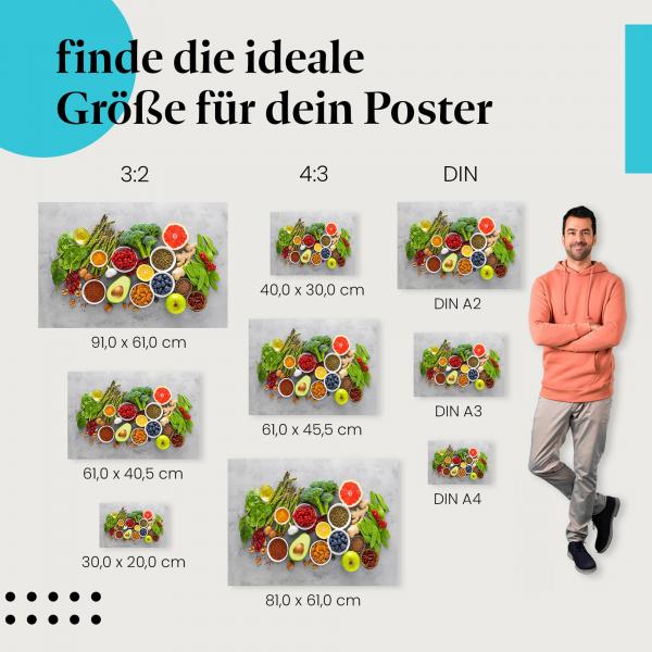 Superfoods, Poster: Schalen, grau, gesunde Ernährung.