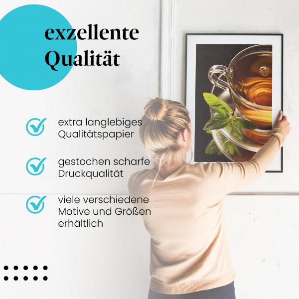 Gerahmtes Wandbild "Teegenuss mit Minze". Hochwertig gedruckt, langlebiges Papier, verschiedene Größen.
