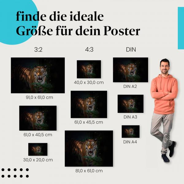 Entdecke Postergrößen für dein Zuhause: Tiger, Dunkelheit, leuchtende Augen.