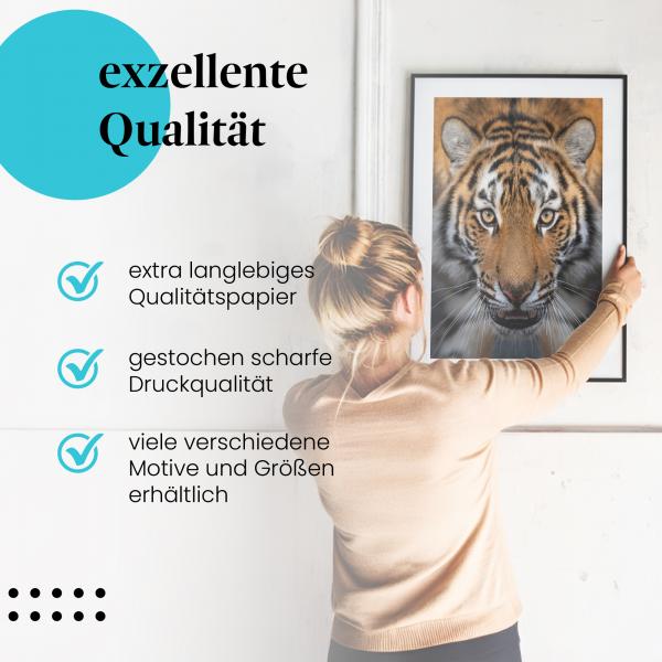 Gerahmtes Bild "Tigerportrait". Nahaufnahme, Fell, Zähne, Wildheit.