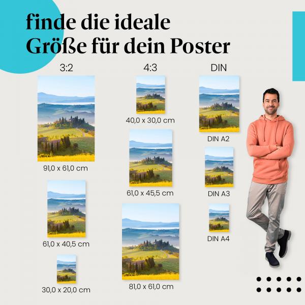 Toskana, Poster: Panorama, Hügel, Zypressen, Nebel.