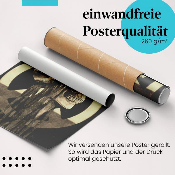 Gerolltes Poster "Peace Totenkopf". Totenkopf mit Friedensbotschaft in Sepia-Farben.