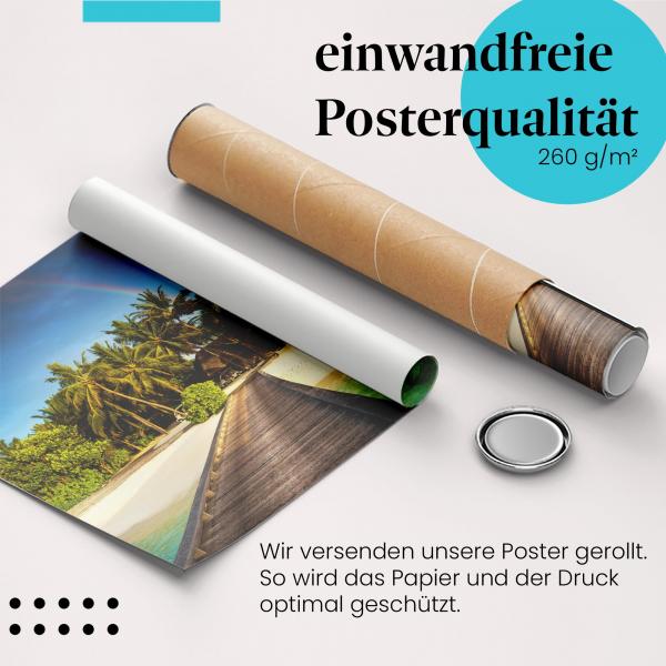 "Tropisches Paradies": Gerolltes Poster - Strand, Palmen, Regenbogen.