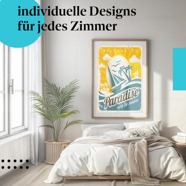 Schlafzimmer Deko: "Willkommen im Paradies" Poster. Wanddeko im minimalistischen Schlafzimmer.