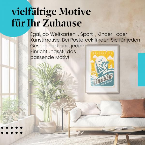 Leinwandbild "Willkommen im Paradies - Genieße die Sonne!". Wanddeko für alle, die Urlaub und Sonne lieben.