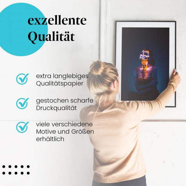 Gerahmtes Bild "Leuchtende Körperkunst". UV-Bemalung, Skelett & Farben.
